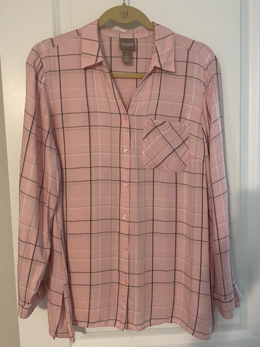 Chico's Lightweight Pink Plaid Button-Up Shirt Sz 1